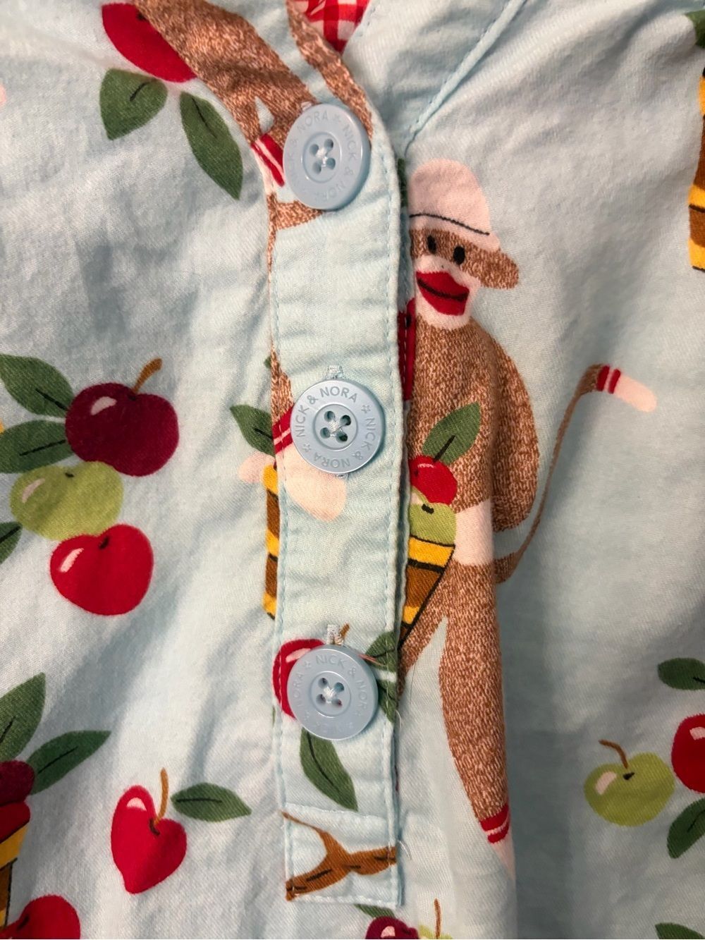 Nick & Nora Light Blue Apple Harvest sock monkeyNightshirt with pockets. XL. - Picture 4 of 9